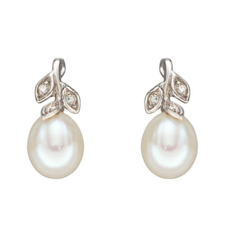 9ct White Gold Diamond Vine Pearl Earrings