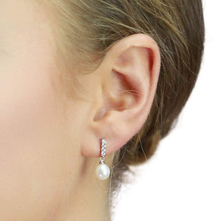 Silver Pearl & CZ Bar Drop Earrings