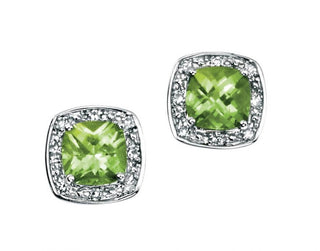 9ct White Gold Cushion Cut Peridot & Diamond Stud Earrings