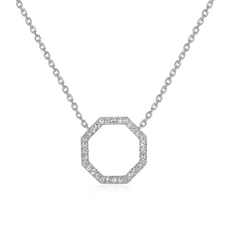 18ct white gold diamond octagon outline necklace on white background