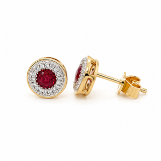 9ct Yellow Gold Ruby & Diamond Halo Stud Earrings