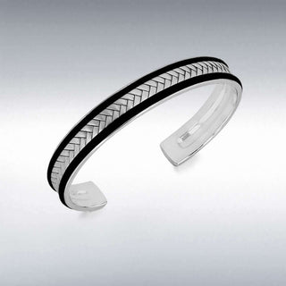 Silver Black Leather and Satin Herringbone Bangle