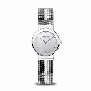 A silver-colored Bering ladies watch with a mesh band and a silver dial with SWAROVSKI ELEMENTS.