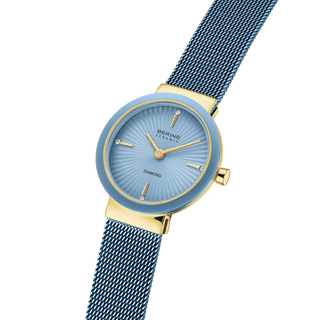 Bering Ice Blue & Gold Ceramic Wave Diamond Mesh Watch