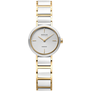 Bering Ladies Gold & White Wave Diamond Ceramic Watch