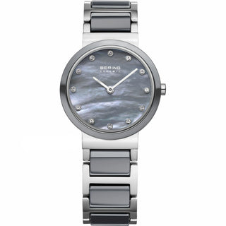 Silver and gray watch with a Bering brand on a white background