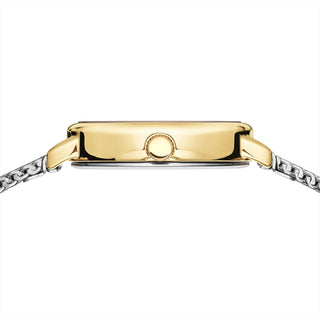 Gold watch case with silver chain on a white background