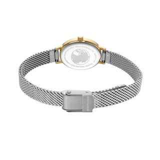 Watch with silver and gold mesh band on a white background