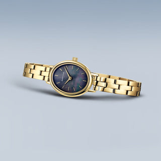 Bering Ladies Gold Tone Black Mother of Pearl Oval Dial Watch