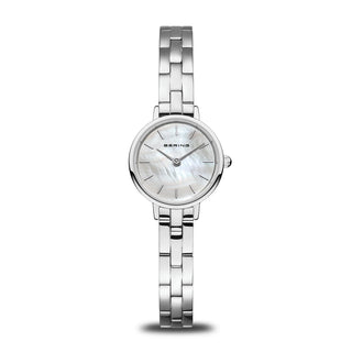 Silver watch with a white face on a white background