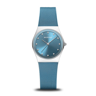 Blue watch with mesh strap on a white background