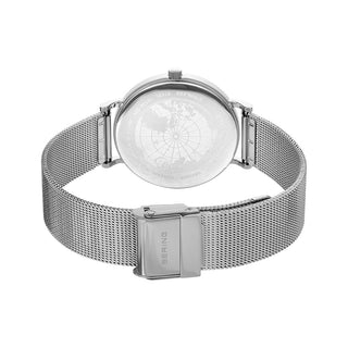 Silver watch with mesh band on a white background