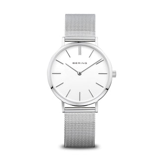Silver watch with mesh band on a white background