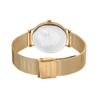 Gold watch with mesh band on a white background