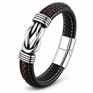 Gents Stainless Steel Infinity Knot Brown & Black Plaited Leather Bracelet