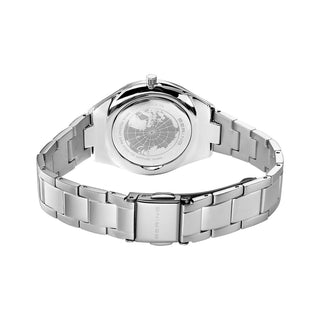 Silver watch with a detailed face on a white background