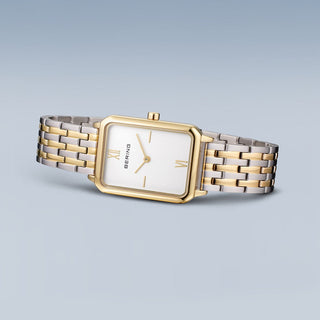 Two-tone watch with gold and silver band on a light gray background