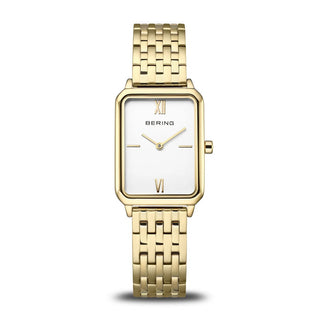 Gold watch with a white face on a white background