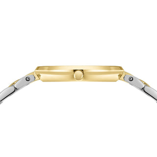 Close-up of a gold and silver watch band on a white background