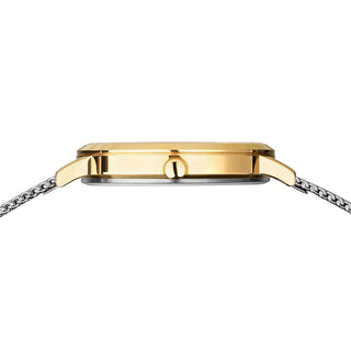 Gold watch case with chain on a white background