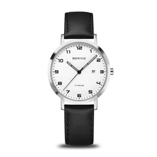 Bering Titanium White Dial Black Leather Strap Watch