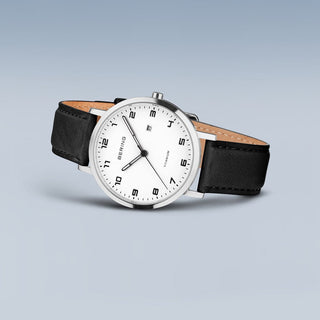 Bering Titanium White Dial Black Leather Strap Watch