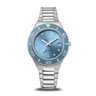 Silver watch with a blue face on a white background