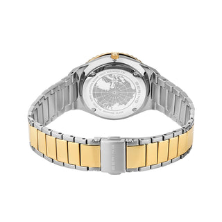 Two-tone watch with silver and gold band on a white background