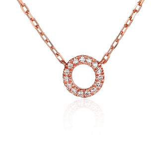 Rose gold necklace with a circular pendant on a white background