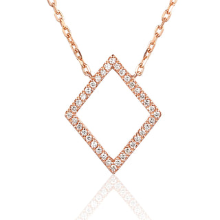 Rose gold necklace with a diamond-shaped pendant on a white background