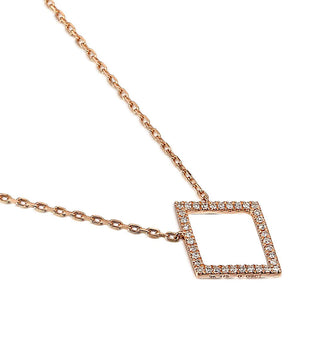 Rose gold necklace with a square pendant on a white background