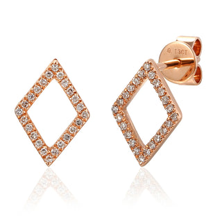 Rose gold diamond-shaped earrings with clear stones on a white background