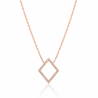 Rose gold necklace with a diamond-encrusted square pendant on a white background
