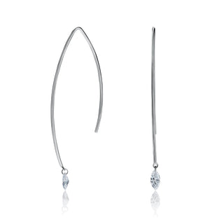 Pair of silver threader earrings with small crystals on a white background