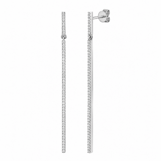Pair of 18ct white gold drop earrings with clear diamonds on a white background