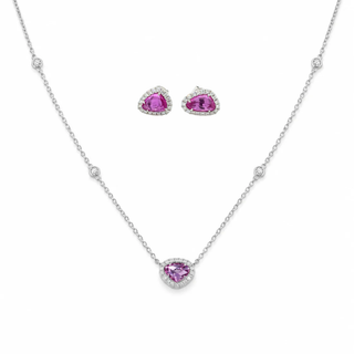 Jewelry set with pink heart-shaped gemstones on a white background