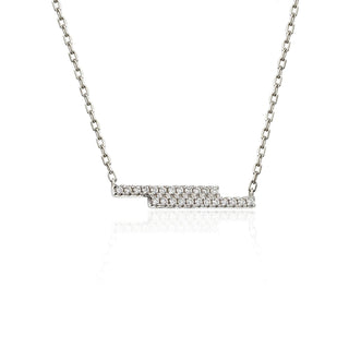 Silver necklace with a bar pendant on a white background