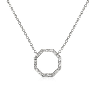 Silver necklace with a hexagonal pendant on a white background