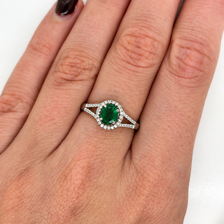 18ct White Gold Oval Emerald & Diamond Split Shoulder Cluster Ring