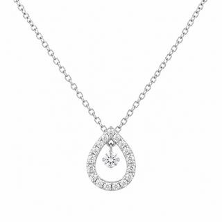 A silver teardrop pendant necklace featuring a halo of small clear stones and a central diamond drop, shown on a plain white background.