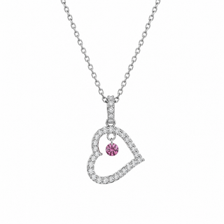A silver-toned heart-shaped pendant necklace featuring a row of small clear stones and a central pink gemstone, shown on a plain white background.