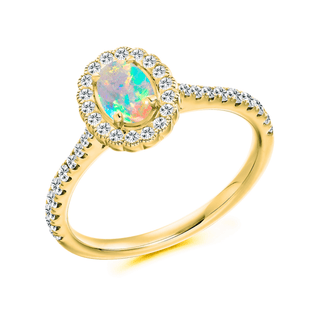 An 18ct yellow gold opal cluster ring with a central opal surrounded by a cluster of diamonds set in a gold band.