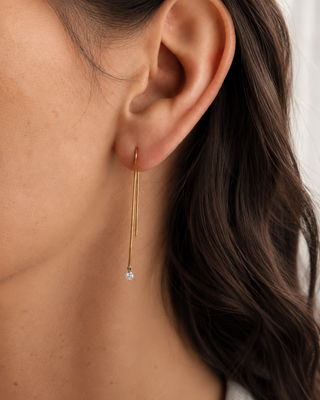 Close-up of an ear wearing a gold earring with a clear gemstone.