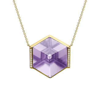 Hexagonal purple gemstone necklace with gold border on a white background