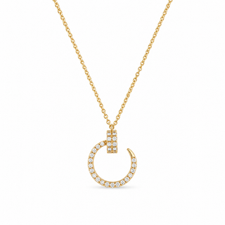 A gold necklace with a circular open pendant pavé-set with small clear stones, shown on a plain white background.