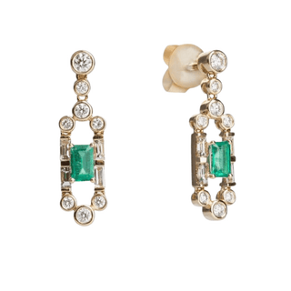 18ct Yellow Gold Baguette & Bubble Emerald Diamond Drop Earrings