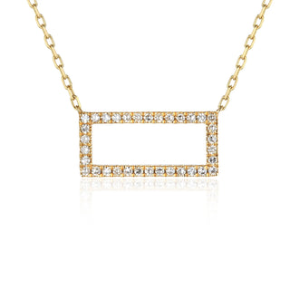 Gold necklace with a rectangular pendant featuring diamonds on a white background