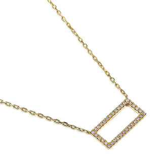 Gold necklace with a rectangular diamond pendant on a white background