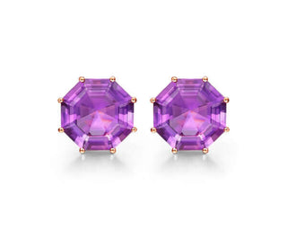 A pair of Fei Liu Victoriana small octagon cut stud earrings with a purple amethyst centerpiece and 18ct rose gold setting.
