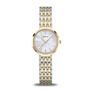Two-tone watch with gold and silver bracelet and a mother of pearl dial on a white background
